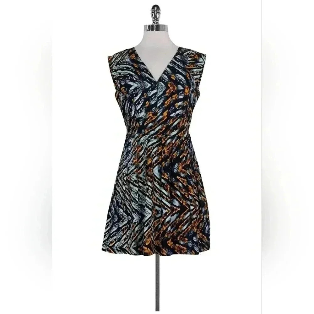 Excellent Reiss - Blue & Tan Printed Flared Dress